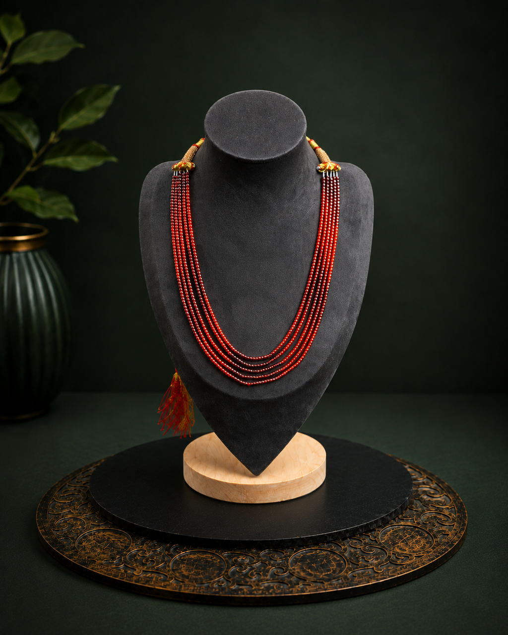 Crimson multi-strand beaded tassel necklace front view on a dark jewellery bust