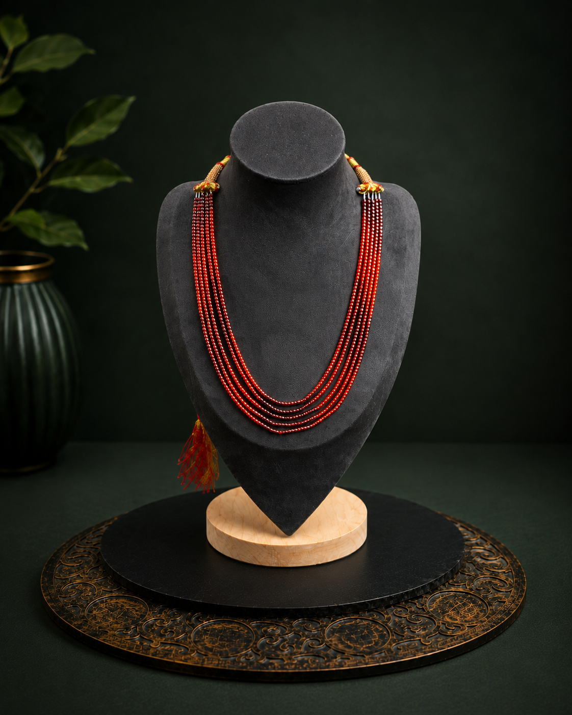 Crimson multi-strand beaded tassel necklace front view on a dark jewellery bust