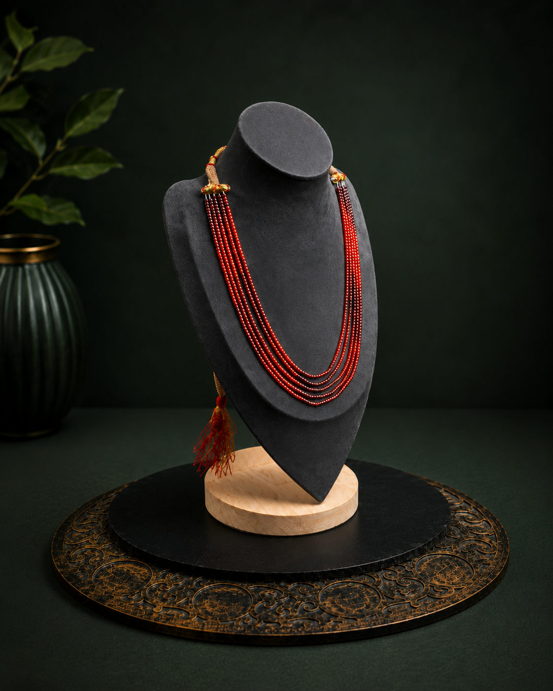 Crimson multi-strand beaded tassel necklace shown from a left-angle view
