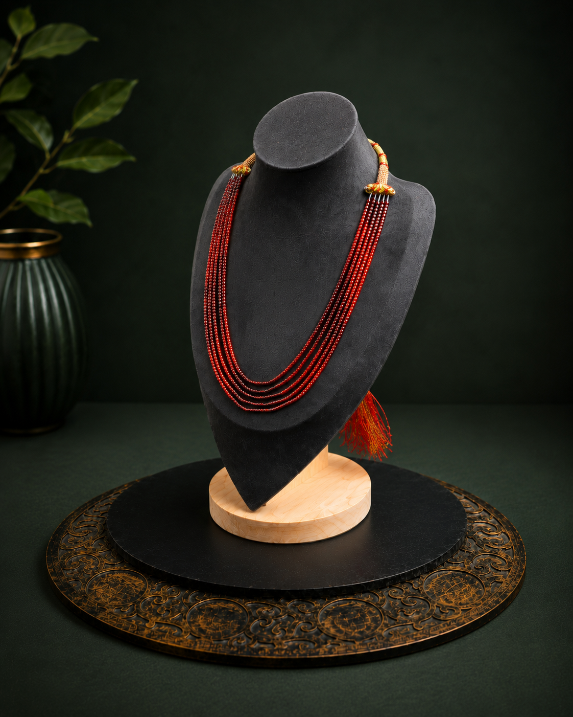 Crimson multi-strand beaded tassel necklace shown from a right-angle view