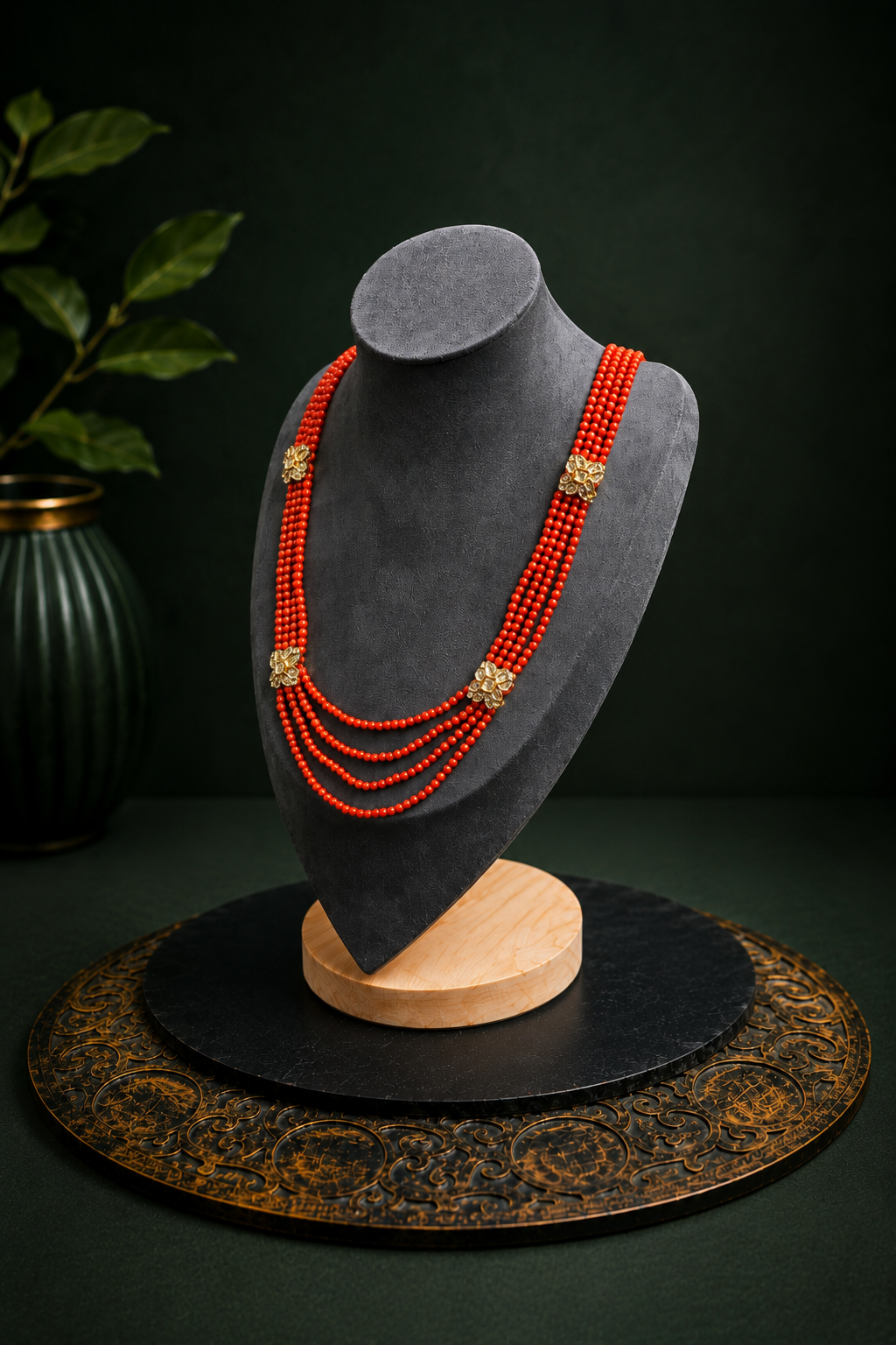 Coral red multi-strand floral beaded necklace shown from a right-angle view