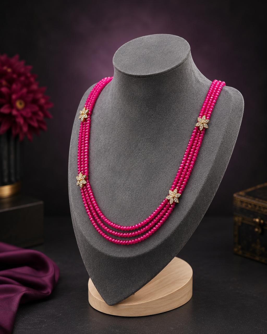 Fuchsia multi-strand floral beaded necklace right angle view
