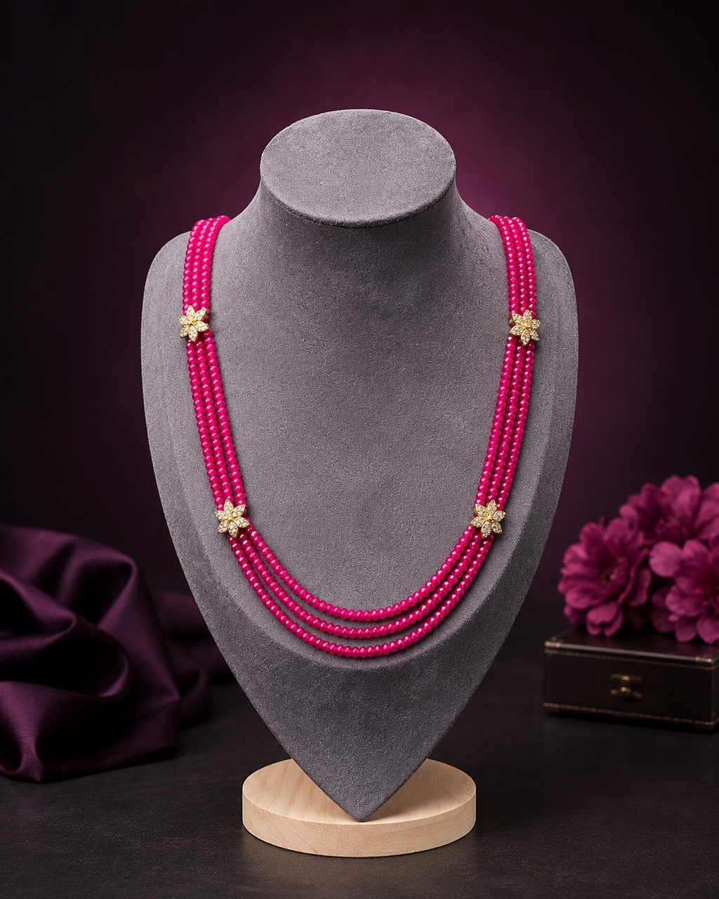 Fuchsia multi-strand floral beaded necklace front view