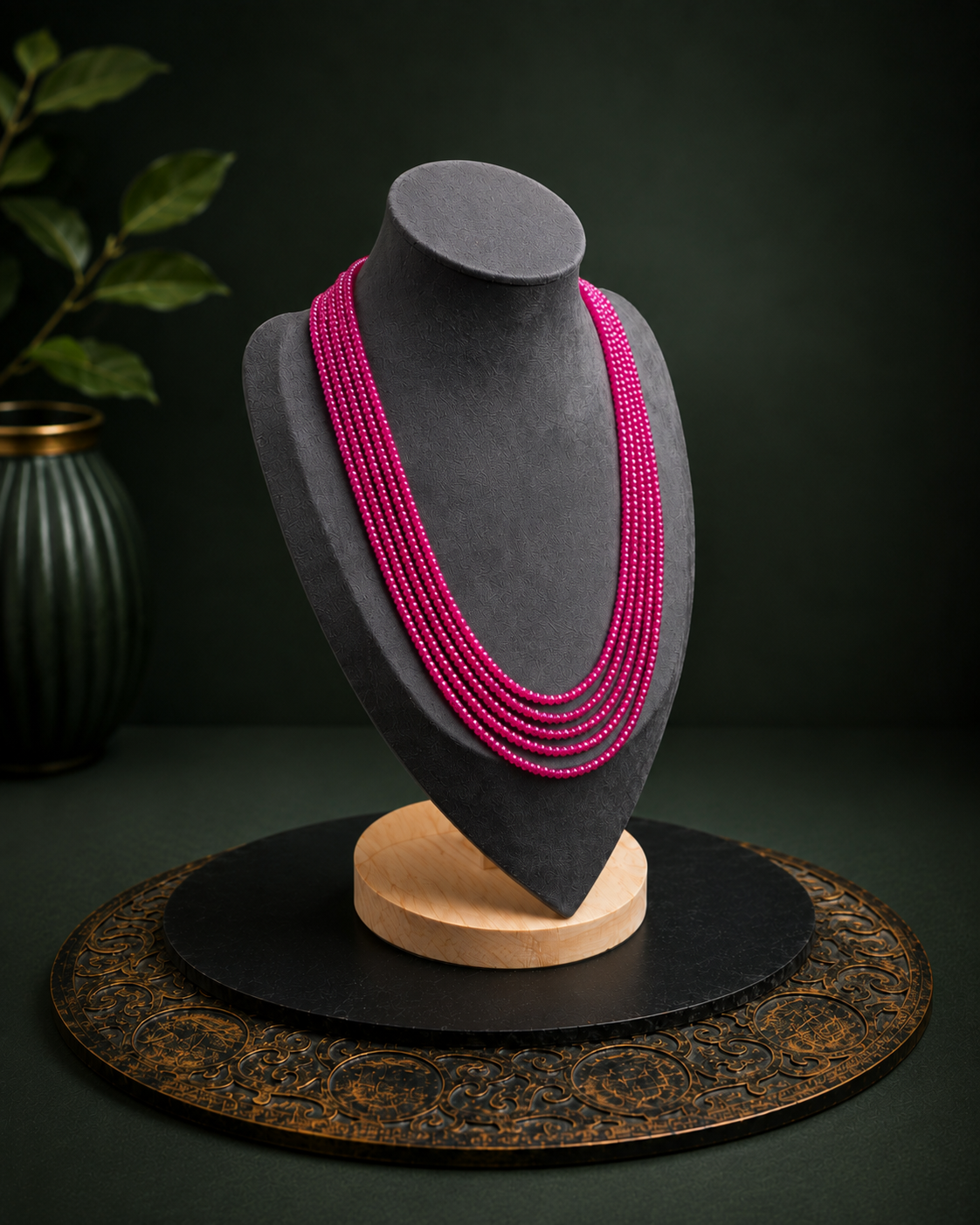 Fuchsia multi-strand beaded necklace left angle view