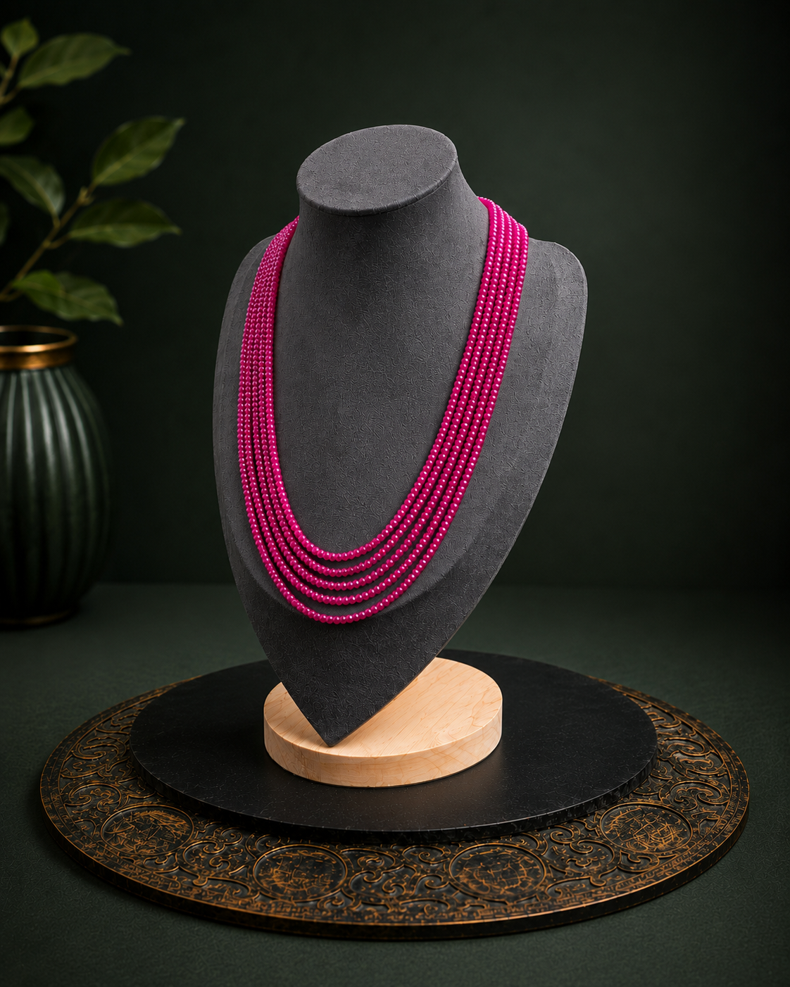 Fuchsia multi-strand beaded necklace right angle view