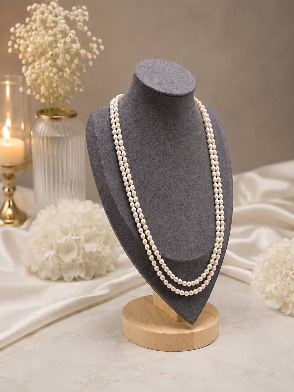 Ivory double-strand pearl necklace left angle view