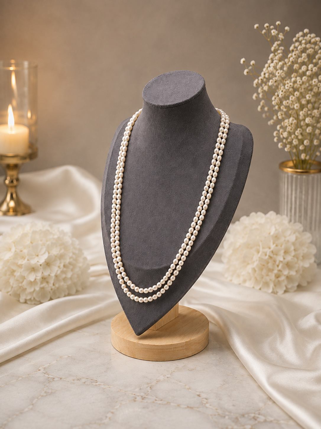 Ivory double-strand pearl necklace right angle view
