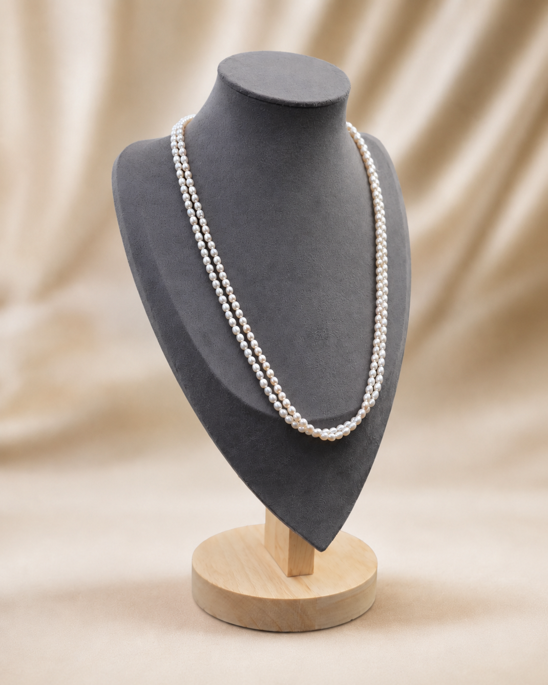 Classic white double-strand pearl necklace left angle view