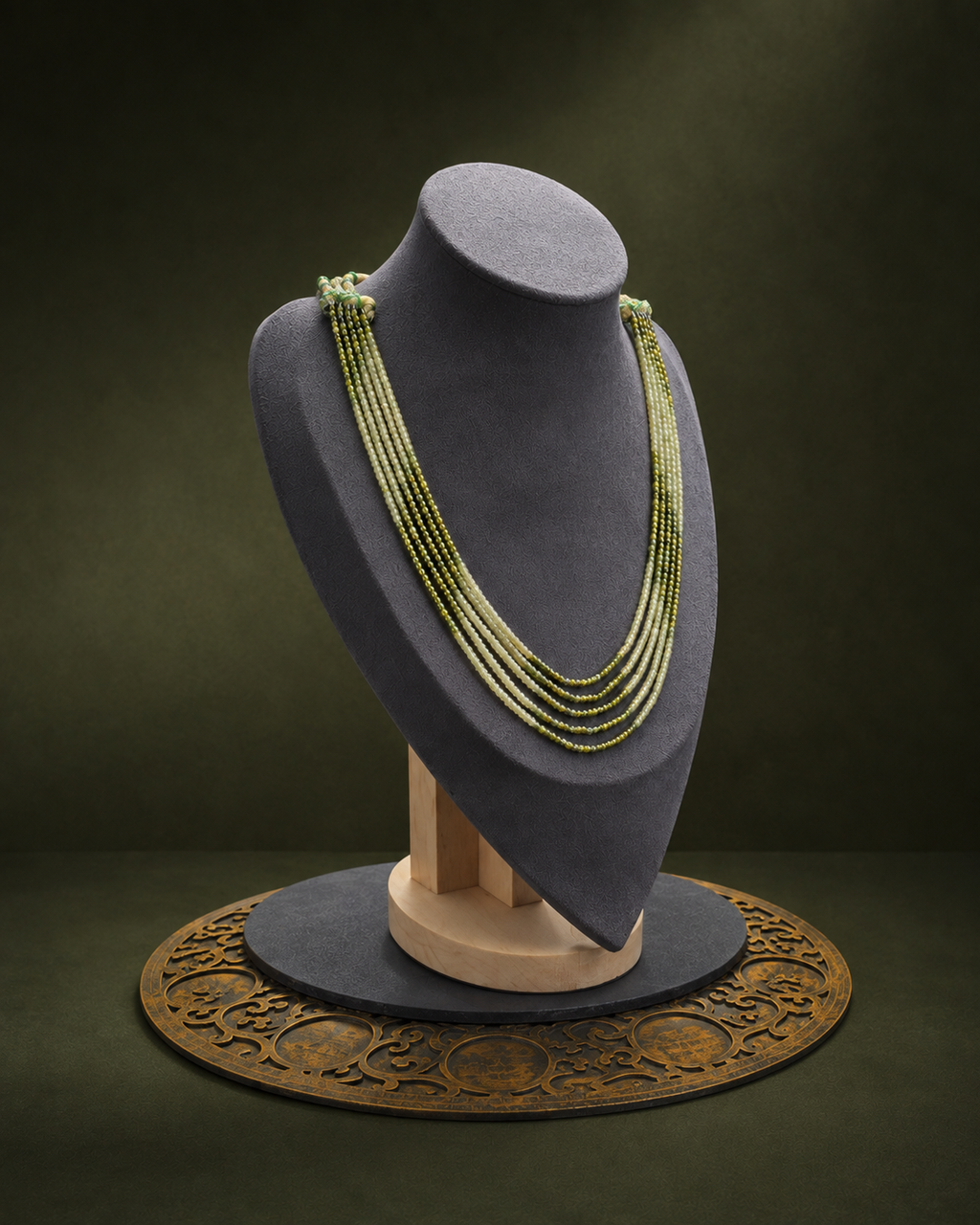 Olive cascade multi-strand beaded necklace left angle view