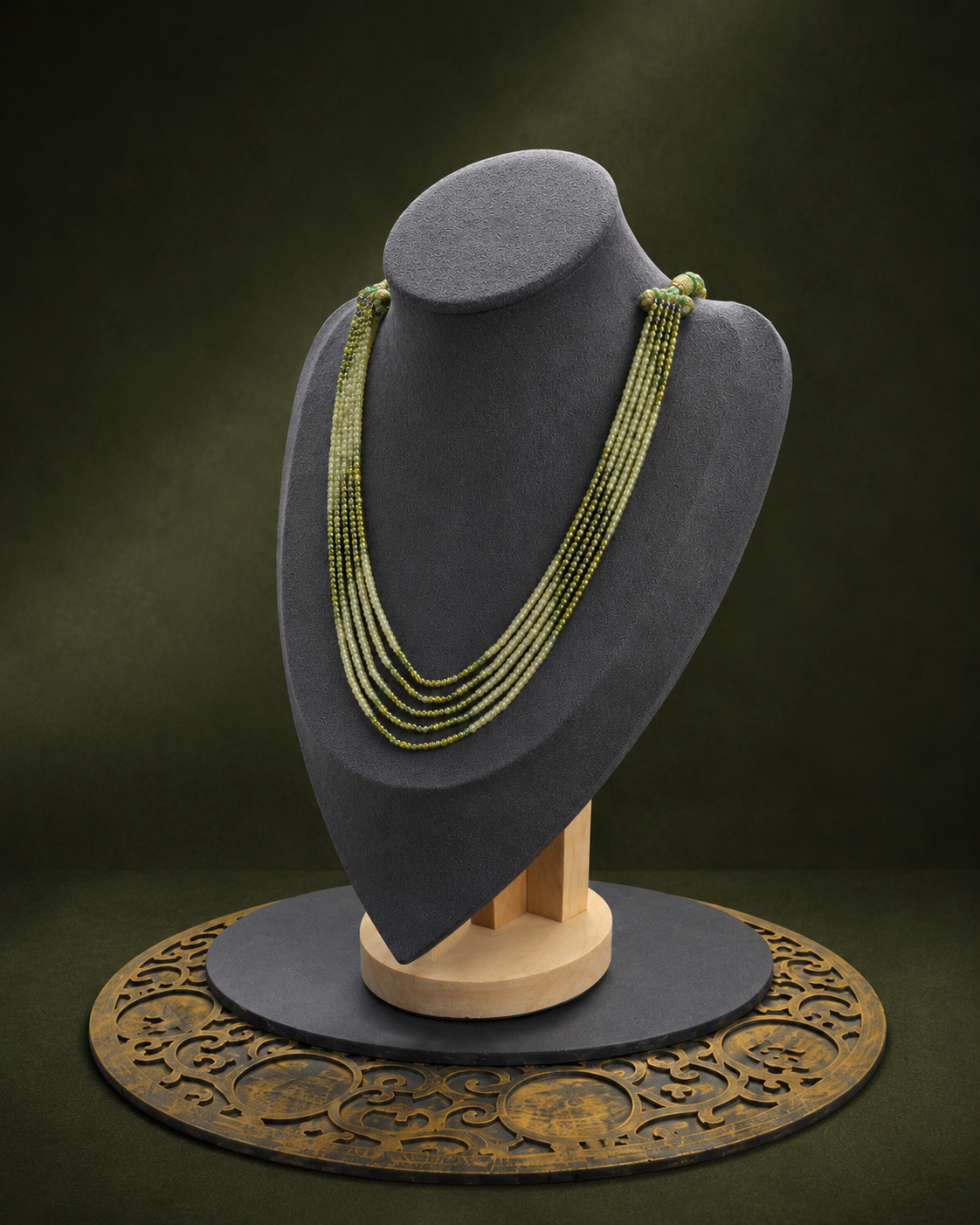 Olive cascade multi-strand beaded necklace right angle view