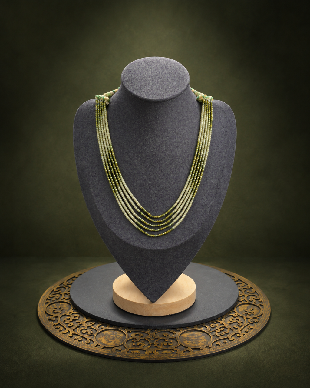 Olive cascade multi-strand beaded necklace front view