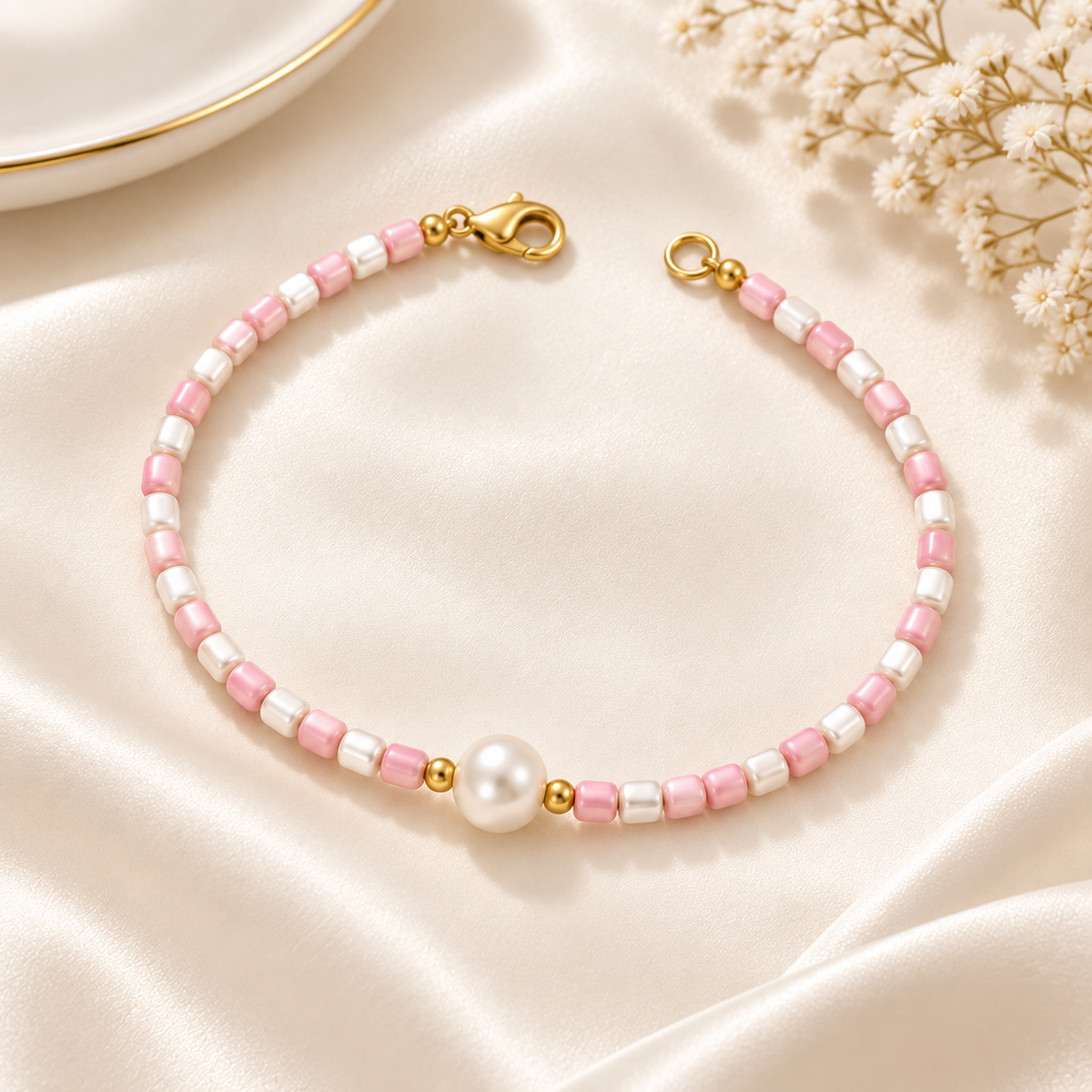 Blush pink and white beaded bracelet with central pearl-style accent and gold-tone lobster clasp – flat lay