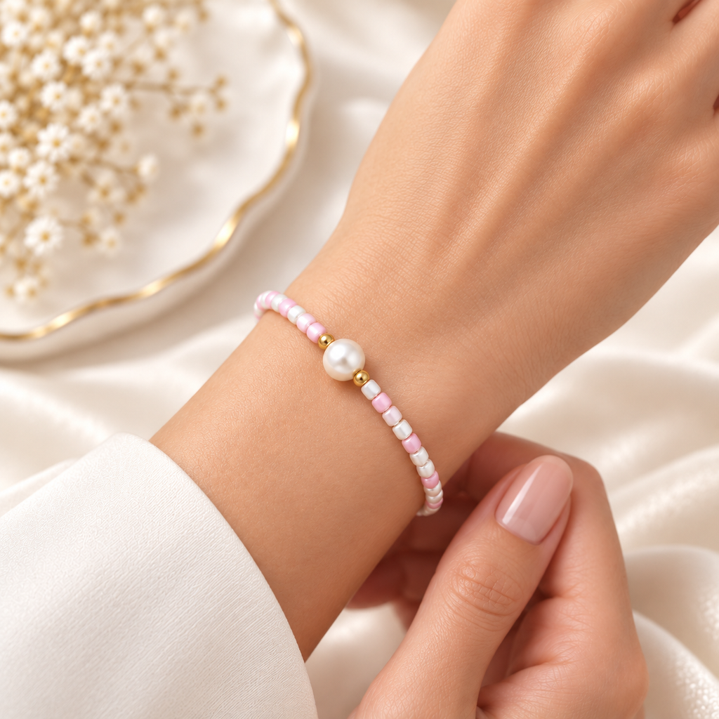 Blush pink and white beaded bracelet with central pearl-style accent worn on wrist