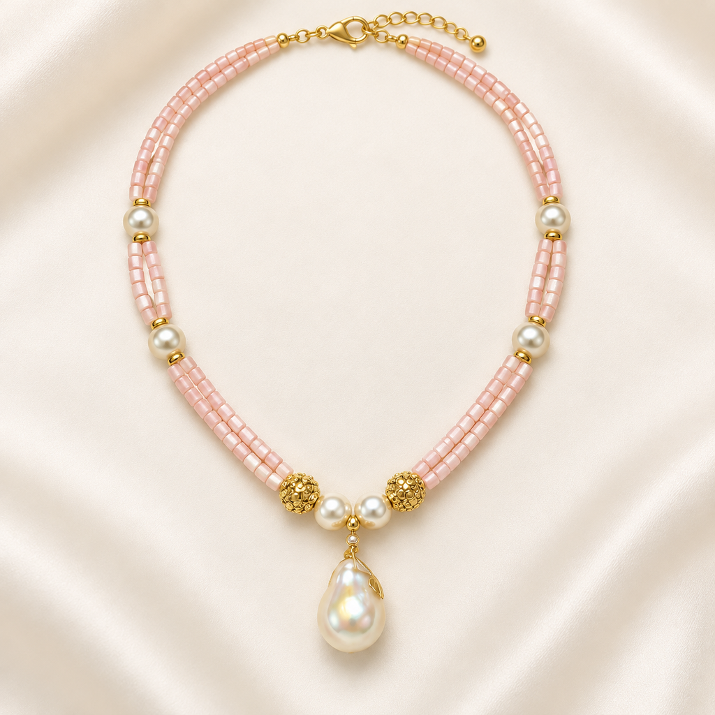 Pink double-strand beaded necklace with gold-tone clasp, pearl-style accents and teardrop pendant – flat lay
