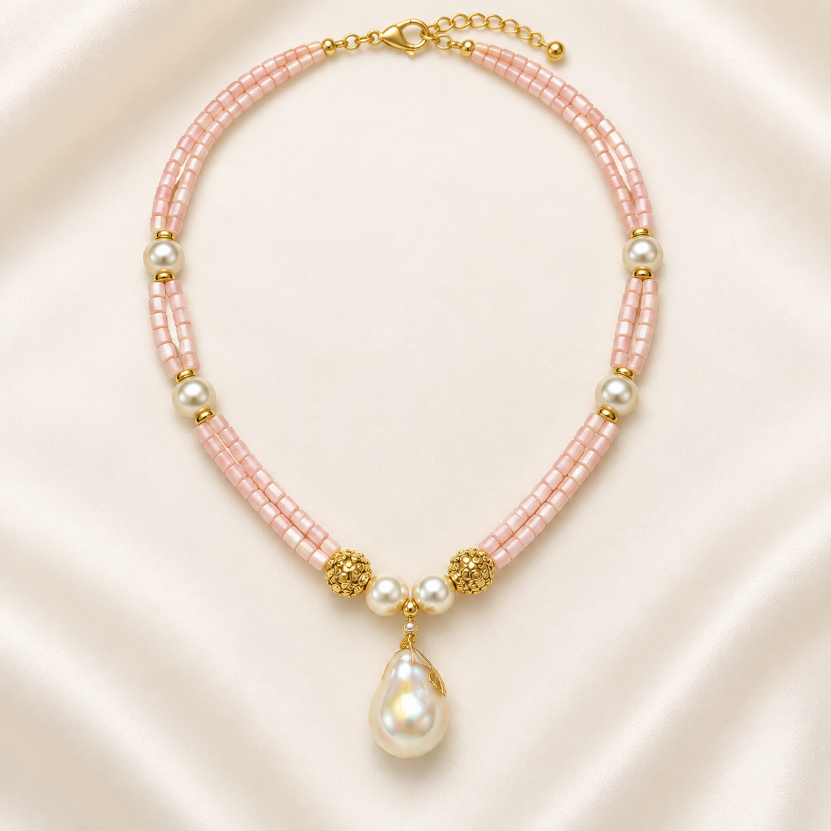 Pink double-strand beaded necklace with gold-tone clasp, pearl-style accents and teardrop pendant – flat lay