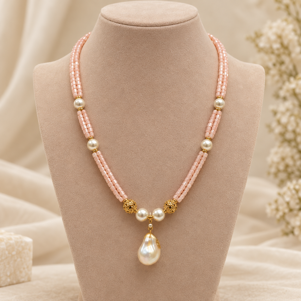 Pink double-strand beaded pearl-style drop pendant necklace on beige jewellery bust – front view