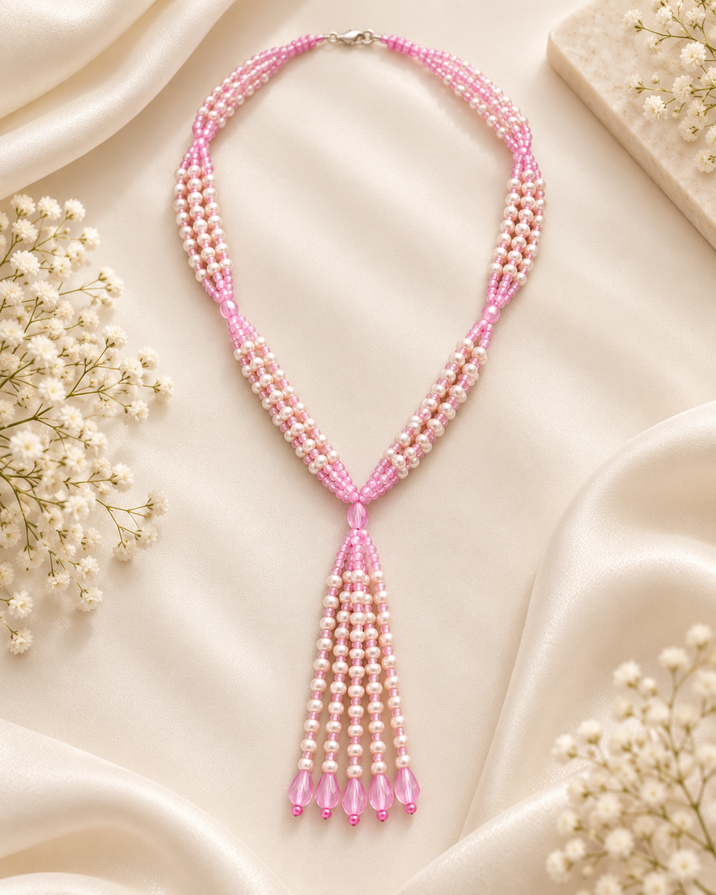 Pink and ivory multi-strand tassel necklace – styled flat-lay view
