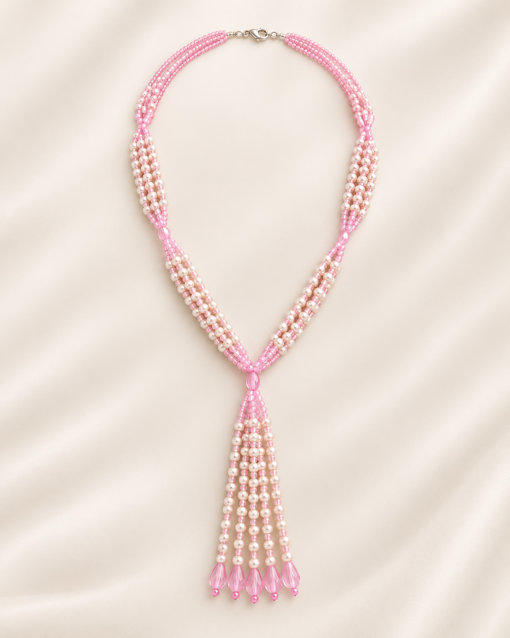 Pink and ivory multi-strand tassel necklace – full product view