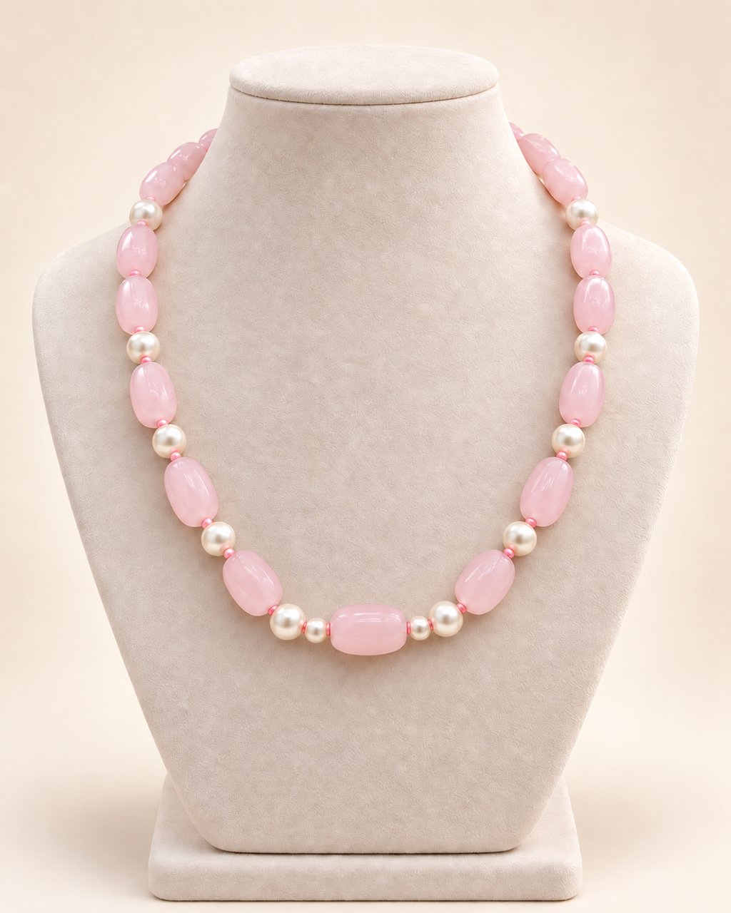 Blush pink oval beaded necklace with ivory accents and two small beads beside the centre bead – main view