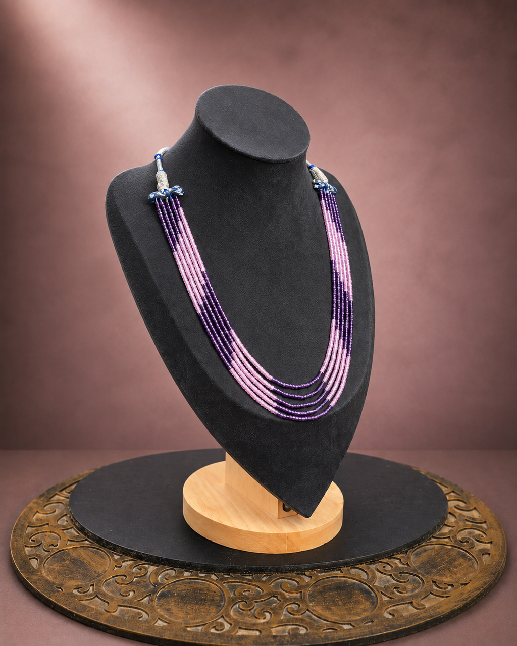 Lilac and blush multi-strand beaded necklace – angled view
