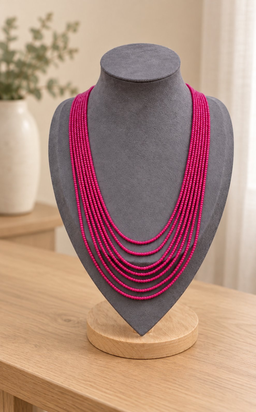 Fuchsia graduated multi-strand beaded necklace on a grey bust on an oak table