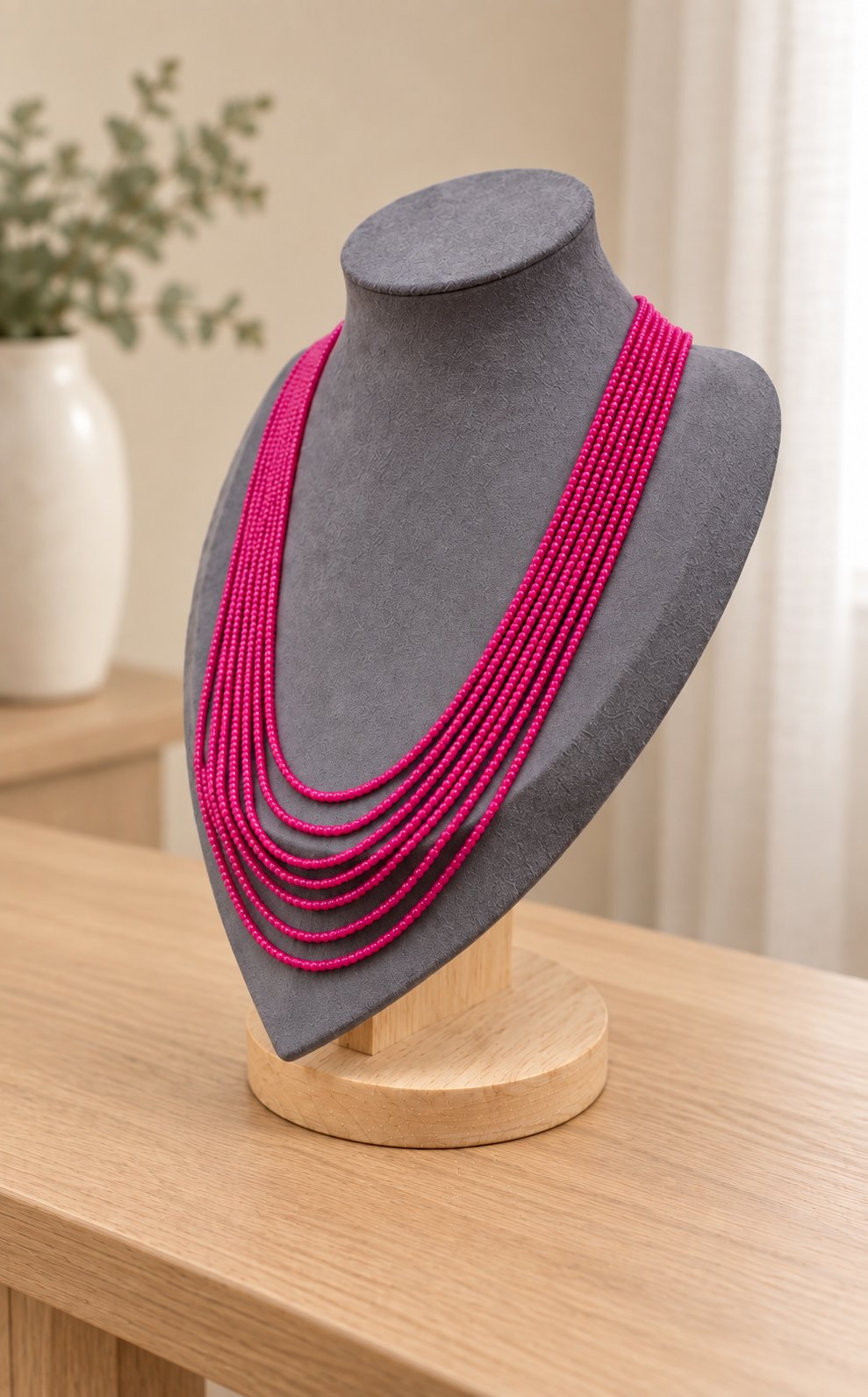 Fuchsia graduated multi-strand beaded necklace on a grey bust and oak table – right angle