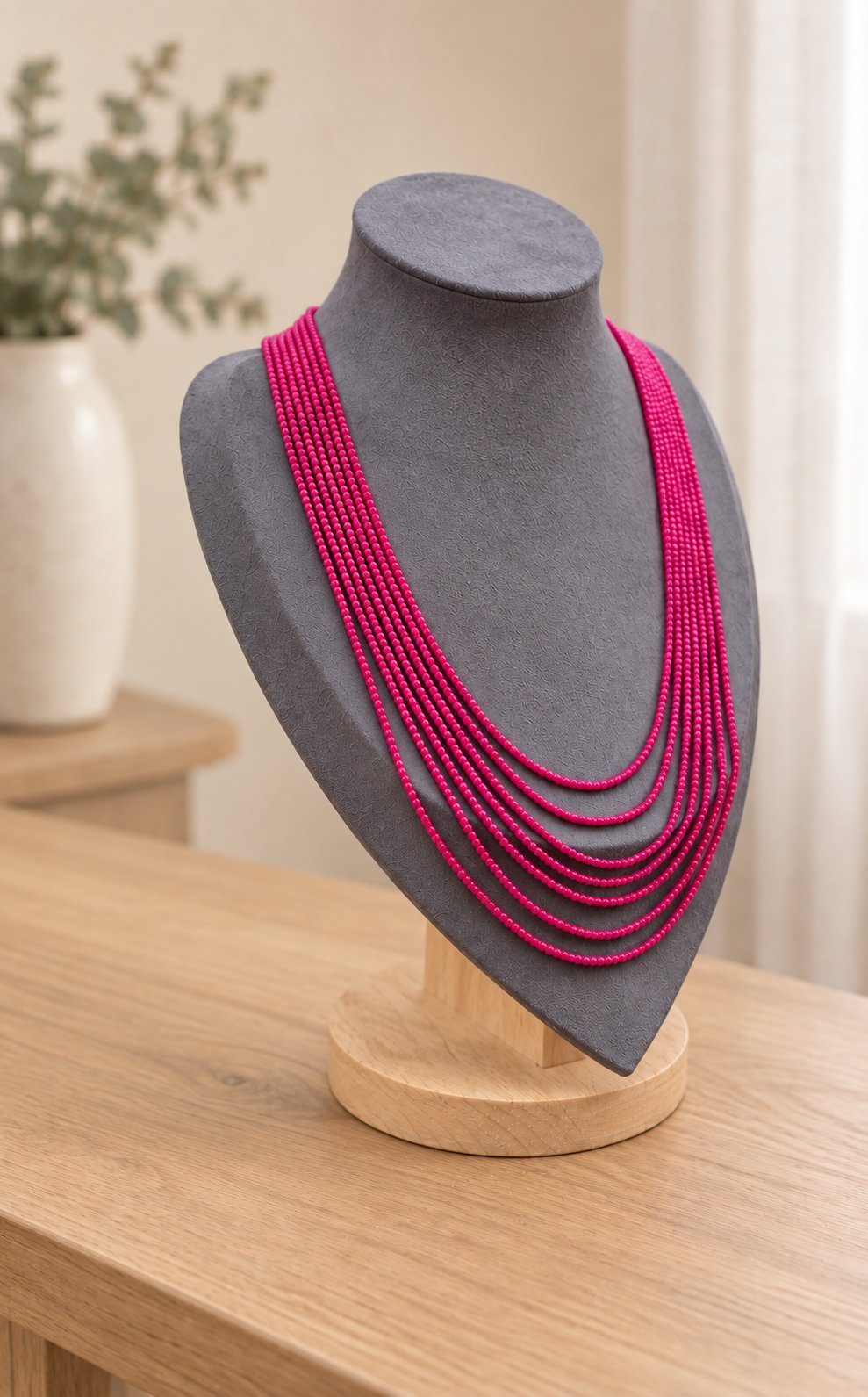 Fuchsia graduated multi-strand beaded necklace on a grey bust and oak table – left angle